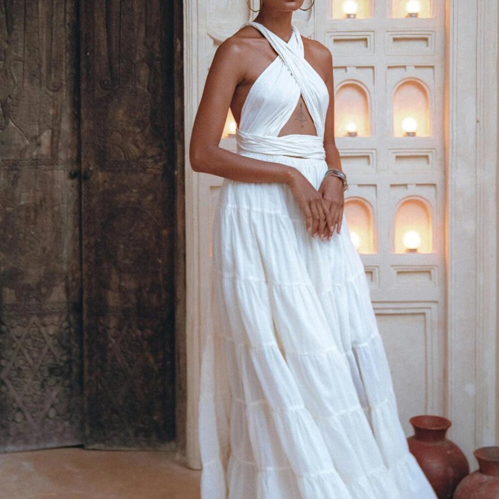 Aya Sacred Wear Off-White Bohemian Adjustable Dress • Evening Open Back Belly Dr